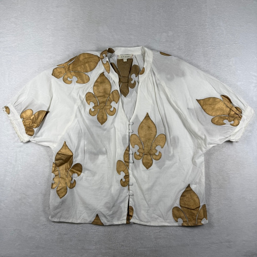 STARK X White Gold Fleur de Lis Metallic Cotton Button Front Blouse Small